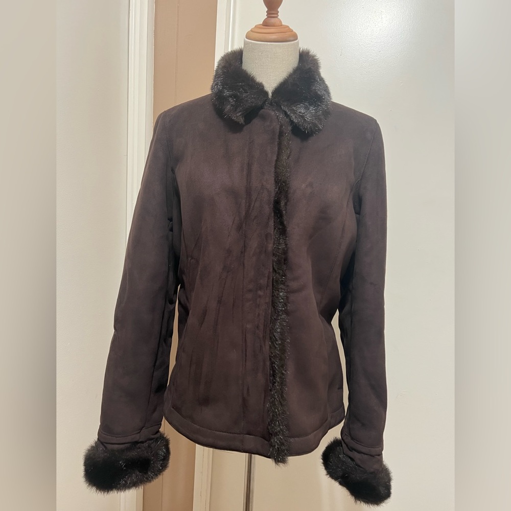 Ann Taylor LOFT Womens Faux Fur Leather Suede Trench Coat Size M Brown.